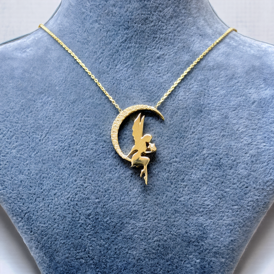 Taşlı hilal ay detaylı altın kolye